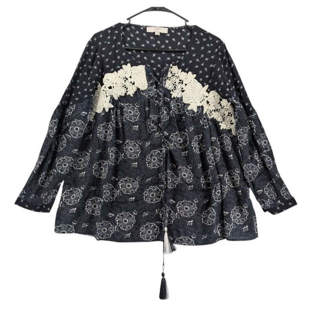 Ann Taylor Loft Floral Print Small Lace Up Tassel Peasant Blouse Navy Blue Boho
